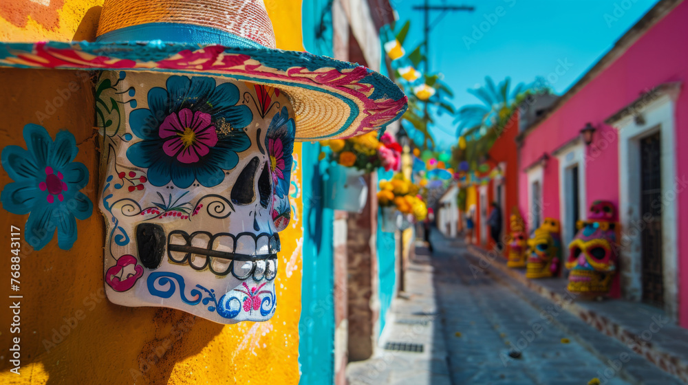 Fototapeta premium Vibrant Mexican street adorned with a festive skull and traditional decorations.