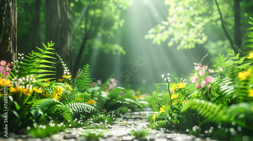 Sunlit Forest Pathway: Rays of Sunshine Filter Through Green Canopies, Inviting Exploration