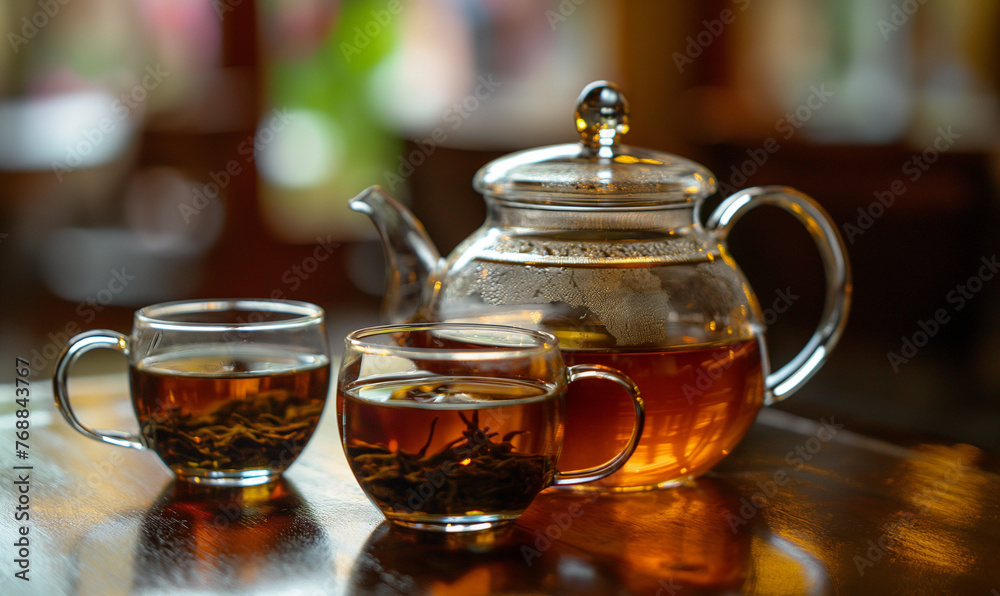 Teapot and Two Teacups on a Wooden Table