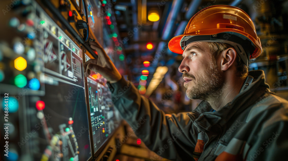 A focused engineer wearing a safety helmet operates a complex control panel with illuminated buttons and displays in an industrial setting.