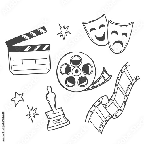 Hand drawn online Cinema doodle icons set