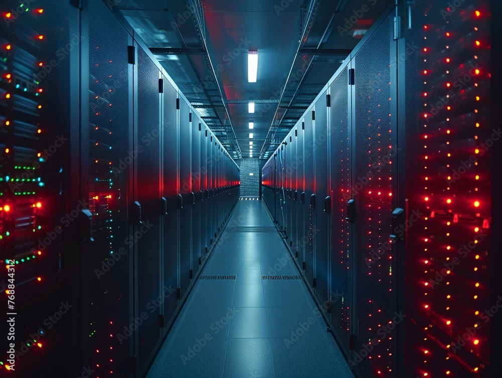 Fototapeta premium Behindthescenes at a cloud data center, rows of servers humming, heart of the internet, secure facility, clear day , cinematic