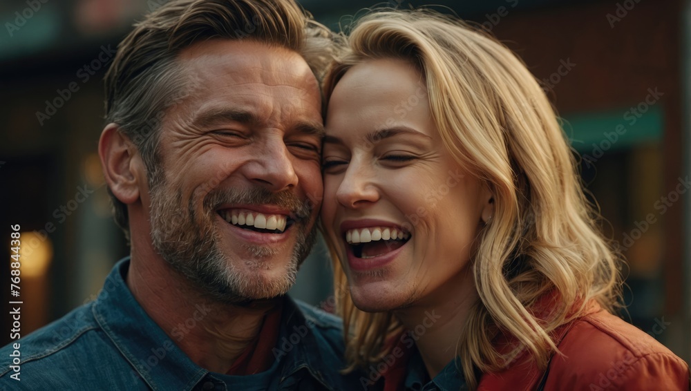 Close-up of happy couple looking at each other and laughing while standing outdoors Close-up of happy couple looking at each other and laughing while standing outdoors
