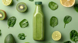 Composition with bottle of healthy green smoothie and ingredients on color background 