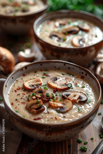 Rustic Creamy Mushroom Soup with Garnishes in Bowl