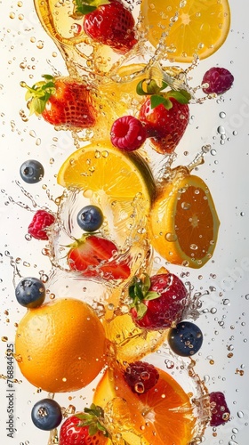 mixed fruit falling into juices splashing on white background 