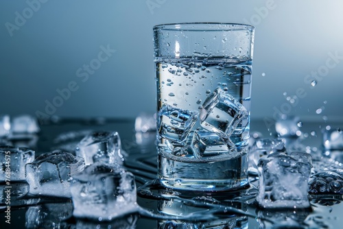 Glass of water with ice cubes on grey and blue gradient background