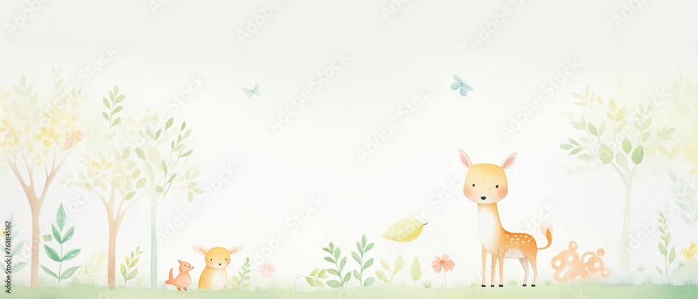 A calming scene of trees and animals painted in watercolor, with a beautiful pastel palette cute, animation, technicolor, A calming scene of trees and animals painted in watercolor, with a beautiful pastel palette cute, animation, technicolor,