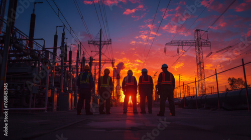 A group of workers in high-visibility vests stand silhouetted against a dramatic sunset in an electric power grid.