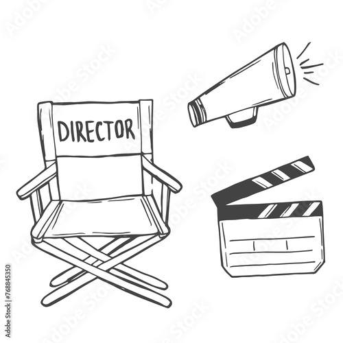 director chair and movie clapperboard vector sketch illustration