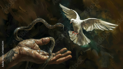 Surreal artwork of snake, dove, and hands photo