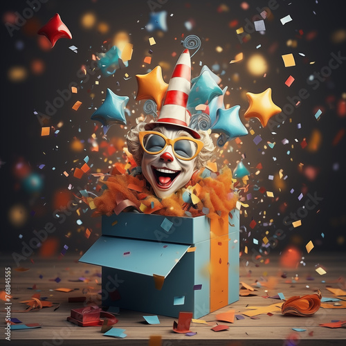 Jack in the Box with confetti, jester hat. April fool day concept 