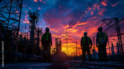 A group of workers in high-visibility vests stand silhouetted against a dramatic sunset in an electric power grid.