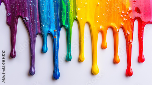 Liquid with rainbow colors dripping from the top, down on a white isolated background