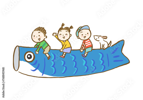 鯉のぼりに乗った子供たちの手書きイラスト