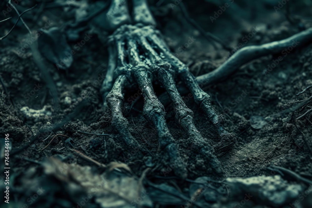 Fototapeta premium Skeletal hand emerging from the ground, dramatic representation of mortality .Generative ai