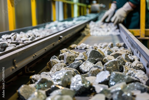 platinum nugget on a conveyor belt, person inspecting quality