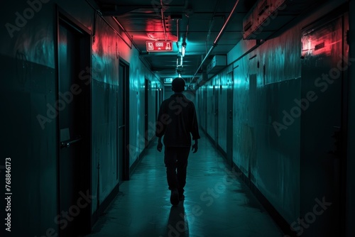 Mysterious Woman Walking in an Old, Abandoned Corridor .Generative ai.