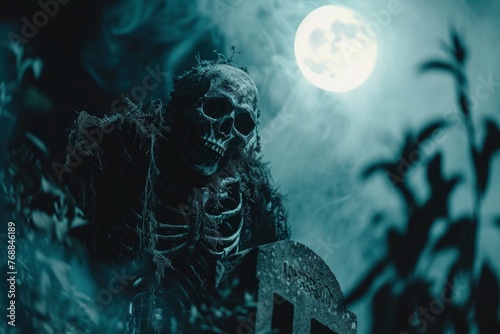 Creepy skeleton in tattered clothing amidst foggy graves, full moon night .Generative ai