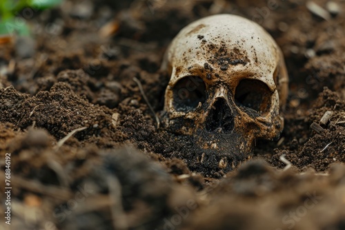 Close-up of a human skull in soil, forensic science and archaeology concept .Generative ai