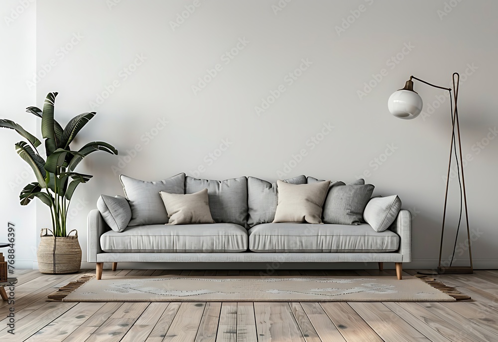 A modern living room interior with a light grey sofa, coffee table and floor lamp against a white wall background - obrazy, fototapety, plakaty 
