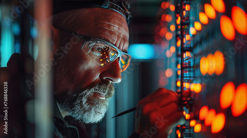 Focused male technician fine-tuning hardware in a modern data center with red LED lights.