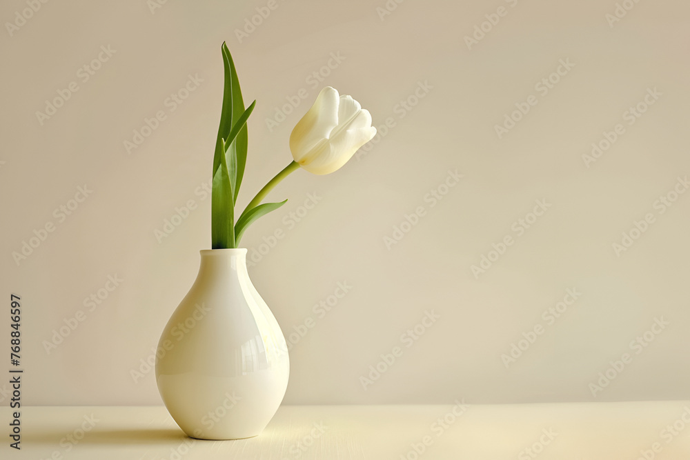 Sleek white porcelain vase and single tulip on a soft beige background Sleek white porcelain vase and single tulip on a soft beige background