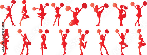 Cheerleader silhouettes, dynamic poses, red Cheerleaders on white. Energy, enthusiasm, sports events, team spirit themes
