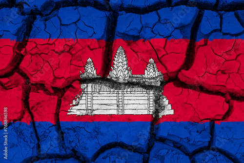 Dry soil pattern on the flag of Cambodia. Country with drought concept due to climate change. Water problem. Dry cracked earth country.