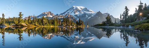 panoramic view of Mount Shuksan and snow capped peak reflecting in the clear blue water lake surrounded by pine trees photo