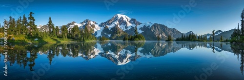 panoramic view of Mount Shuksan and snow capped peak reflecting in the clear blue water lake surrounded by pine trees