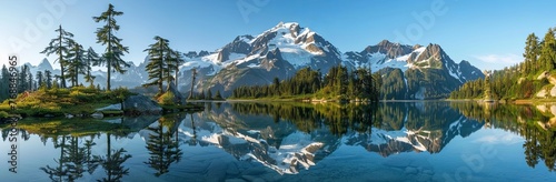 panoramic view of Mount Shuksan and snow capped peak reflecting in the clear blue water lake surrounded by pine trees © K'kriang Krai