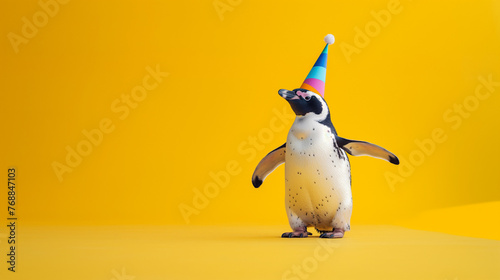 Internationaler Tag 25. April Welttag des Pinguins Party Partyhut lustig witzige Darstellung 3d Generative AI freigestellt isoliert orange Hintergrund  photo