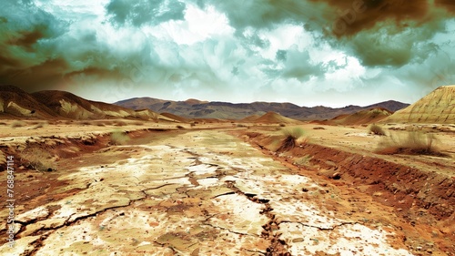 Desert landscape with cracked earth under stormy sky