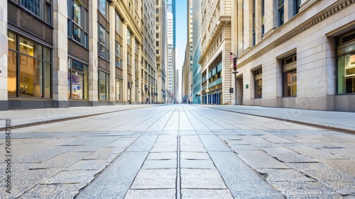 Low perspective view of empty urban street between buildings photo