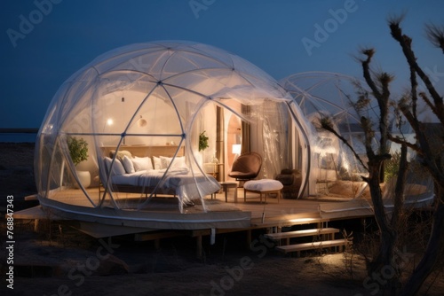 Luxurious Glamping Bedroom With Bed Encased in Glass Dome Generative AI