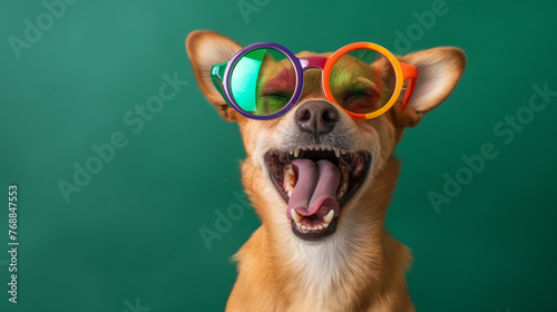 Hund mit Brille und Partyhut in Feierlaune für Kartenmotiv Idee Vorlage freigestellt isoliert Generative AI