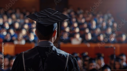 young guy student making a speech in the audience, back view, speech of a graduate behind the podium, graduation, academic robe, square academic cap bonet photo