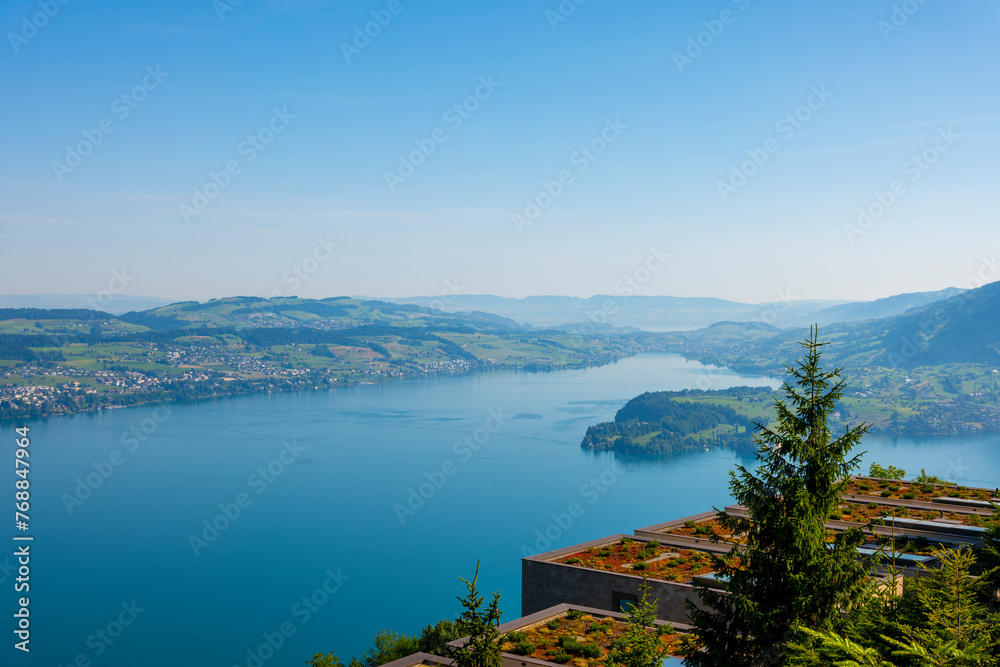 View over Lake Lucerne and Mountain in Burgenstock, Nidwalden, Switzerland.