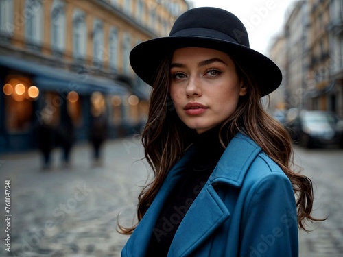 Charming girl in a blue hat and coat on a walk