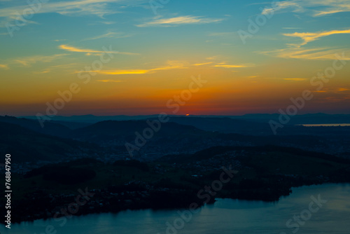 Fototapeta Naklejka Na Ścianę i Meble -  Aerial View over Lake Lucerne and Mountain in Sunset in Lucerne, Switzerland.