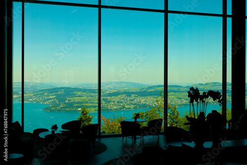 Restaurant View over Lake Lucerne and Mountain in Sunny Day in Lucerne, Switzerland.