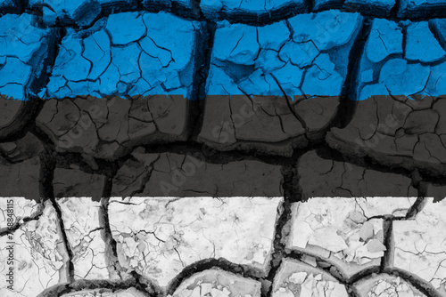 Dry soil pattern on the flag of Estonia. Country with drought concept due to climate change. Water problem. Dry cracked earth country.