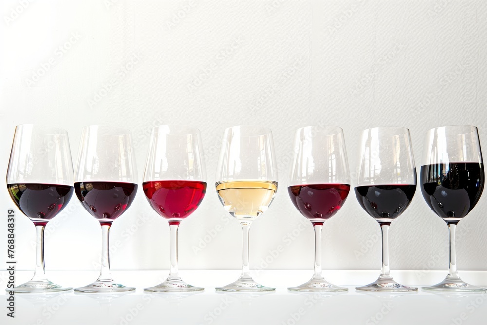 row of wine glasses with varying red wine levels in a tasting lineup