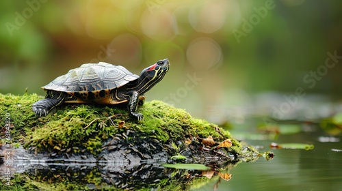 A turtle in a sustainable business environment, representing patience and longevity in ecofriendly practices