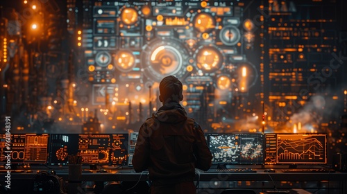 Man looks at a high tech portal with data information. Futuristic and sci fi concept