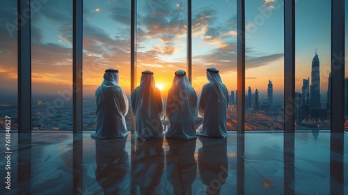 Successful Muslim Businessmen in Traditional White Outfit Standing in His Modern Office Looking out of the Window on Big City with Skyscrapers. Successful Saudi, Emirati photo