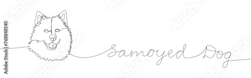 Samoyed, sled dog, aboriginal breed, companion dog one line art. Continuous line drawing of friend, dog, doggy, friendship, care, pet, animal, family, canine with inscription, lettering, handwritten.