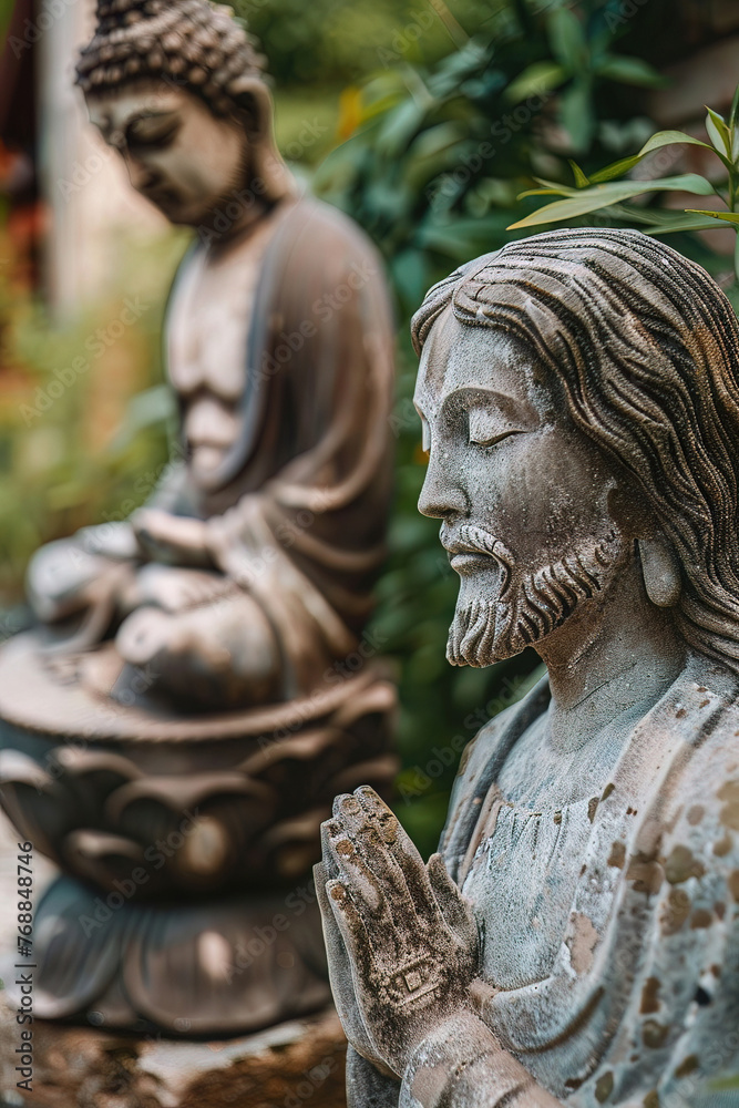 Closeup of a Jesus statue beside a Buddha statue, both in prayerful poses, against a backdrop of a tranquil monastery garden