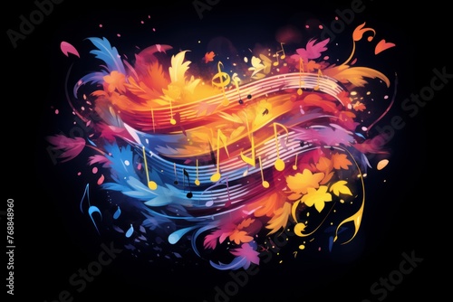 Flying musical notes on a dark background, colorful bright illustration. 